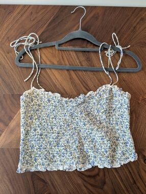 Reformation Blue and Cream Smocked Floral Cropped Cami